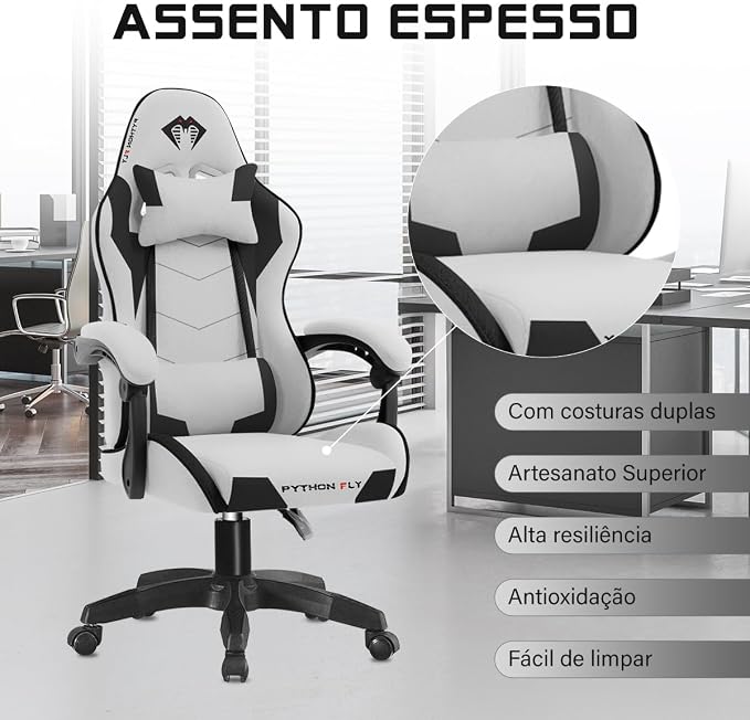 Cadeira Gamer Python Fly em tecido, respirável e ecológica, ângulo ajustável (Cinza Claro) - Imagem 4