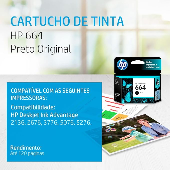 Cartucho de Tinta HP 664 Preto Original (F6V29AB) Para Impressora Deskjet 2136, 2676, 3776, 5076, 527 - Imagem 3