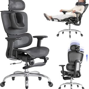 LarkLeaves Cadeira de Escritório com Descanso para os Pés, Cadeira Ergonômica com Travesseiro para Pescoço e Rodas de Borracha, Cadeira Gamer com Encosto Ajustável e Apoios de Braço 3D, Preto
