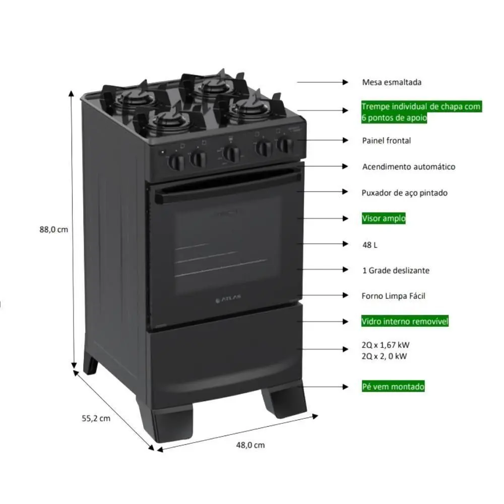 Fogão 4 Bocas Atlas Mônaco Lustro Com Mesa De Aço Bivolt Preto - Imagem 5