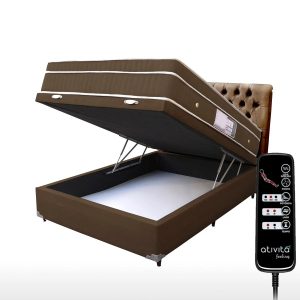 Cama Box Baú Casal 1,38x1,88 Com Controle Massageador Cabeceira Marrom ALLMAG
