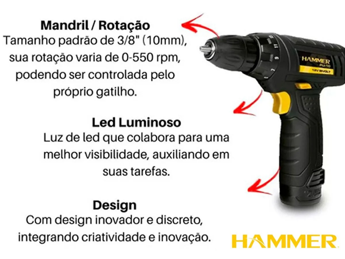 Furadeira Parafusadeira 12v Lítio Bivolt Pli-10 Hammer - Imagem 2