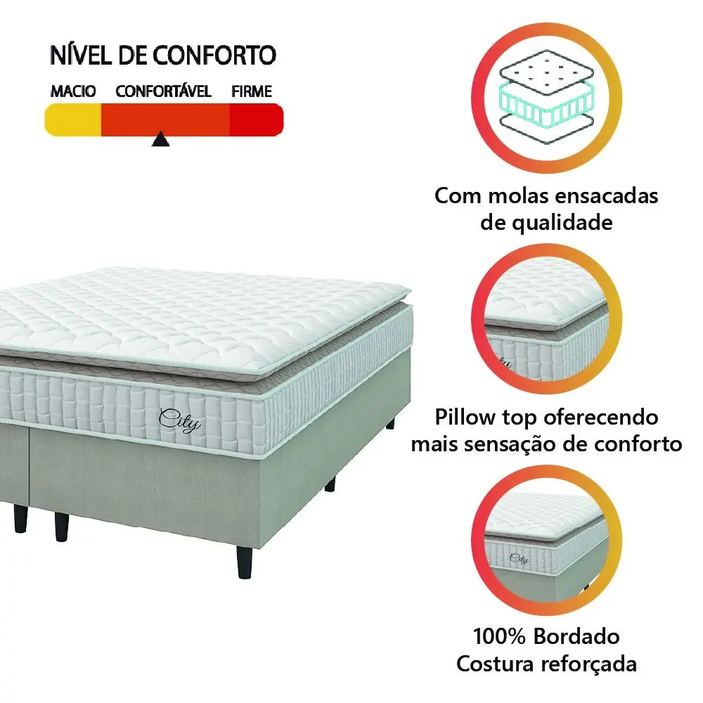 Cama Box Colchão Casal Queen Molas Ensacadas City Pillow Top 158x198x61cm Branco / Bege Hellen - Suporta até 110kg por Pessoa - Imagem 4