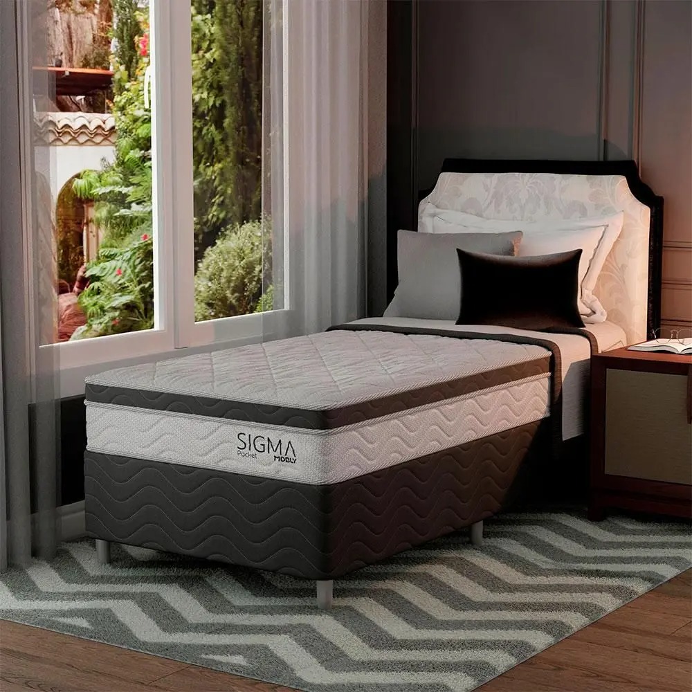 Cama Box com Colchão Solteirão Sigma Molas Ensacadas (22x108x198) Branco e Cinza - Modern - Imagem 2